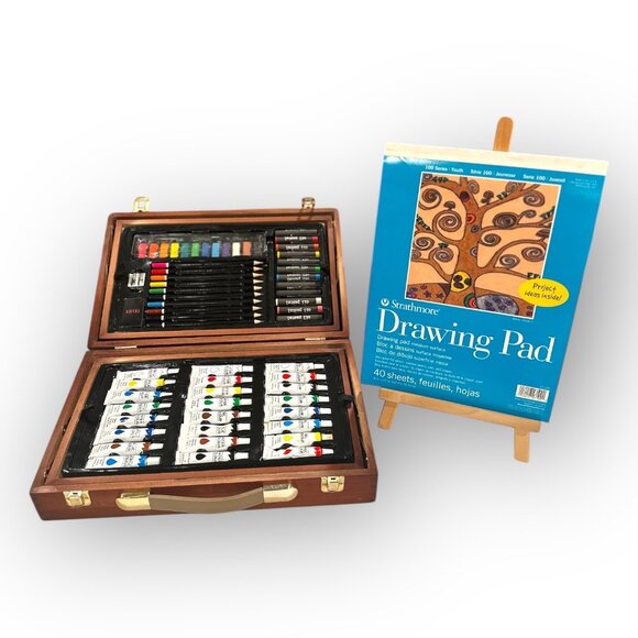 Vigorfun Deluxe Art Kit w Wooden Case and Easel w Strathmore Drawing Pad